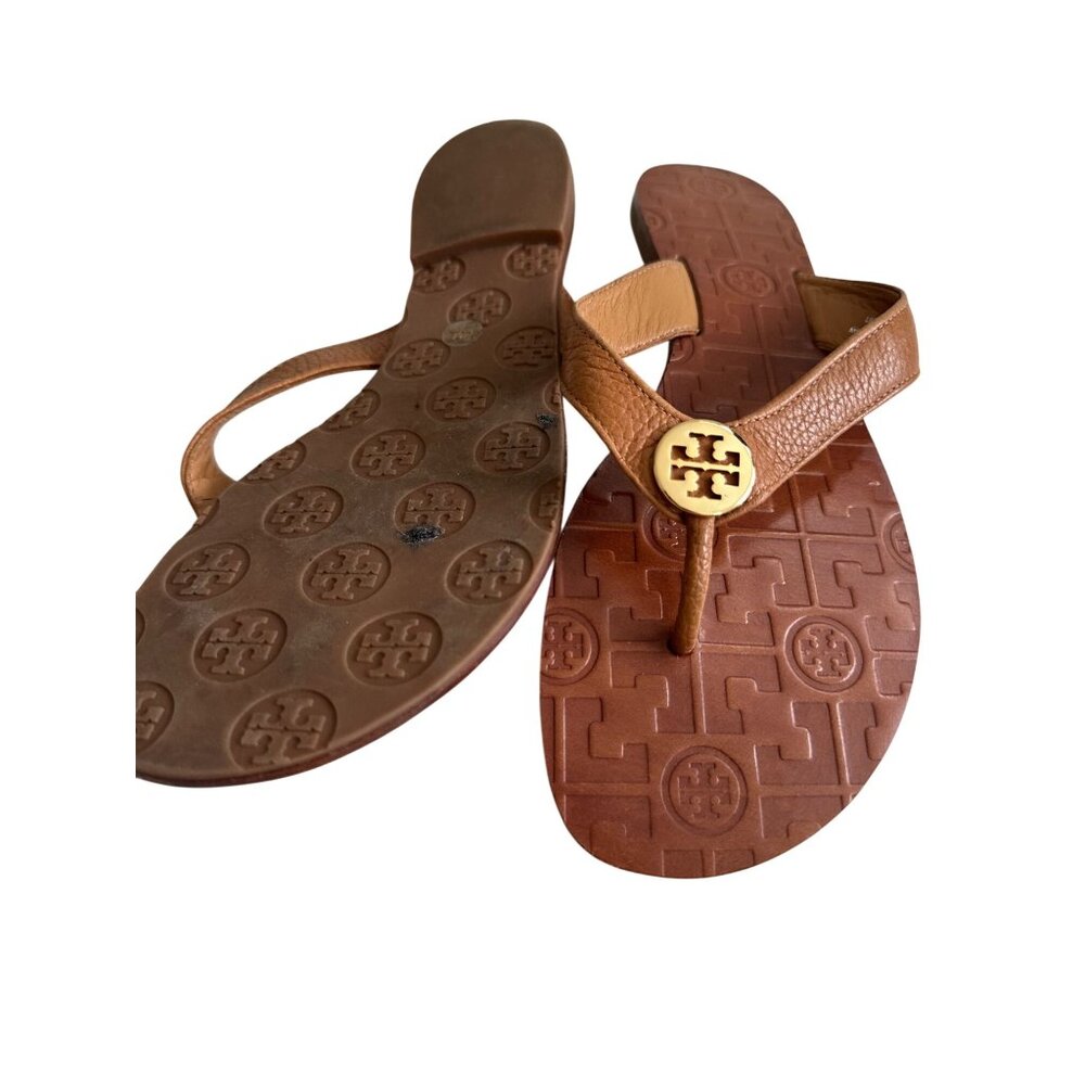 TORY BURCH Tan Gold Leather Strap Flip Flop Sandals Size 8 - Picture 8 of 10